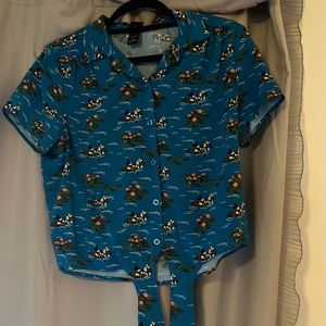 Mickey and Minnie Floral Button Up Collared Crop Top